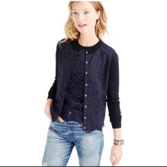J Crew Women's Lace Front Long Sleeve Cardigan Sweater Black Blue Size Small B2 - Picture 1 of 5